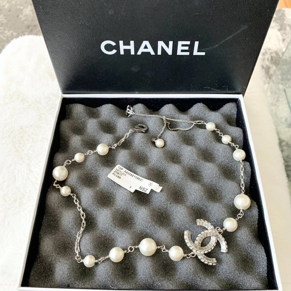 CHANEL Crystal CC Necklace Silver 