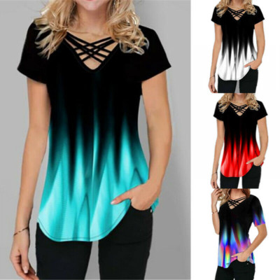 Women Gradient Short Sleeve V Neck Tops T Shirt Summer Casual Loose Tunic Blouse