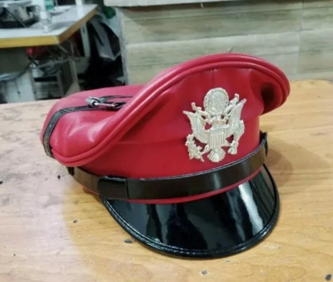 Genuine Real Leather Red Army Muir Biker Peaked Police Gay Bluf Cap Hat