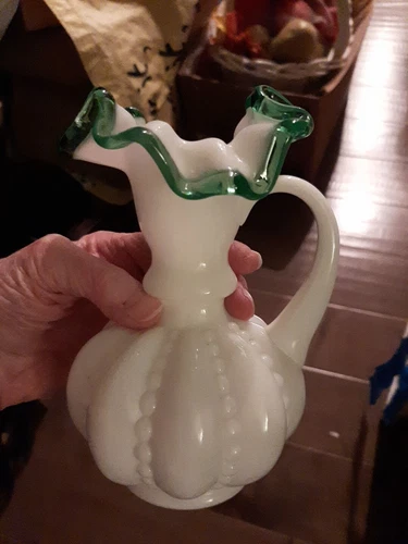 Vintage Fenton Green Crest Beaded Milk  Melon Pitcher & Under Dish! VERY RARE!A+