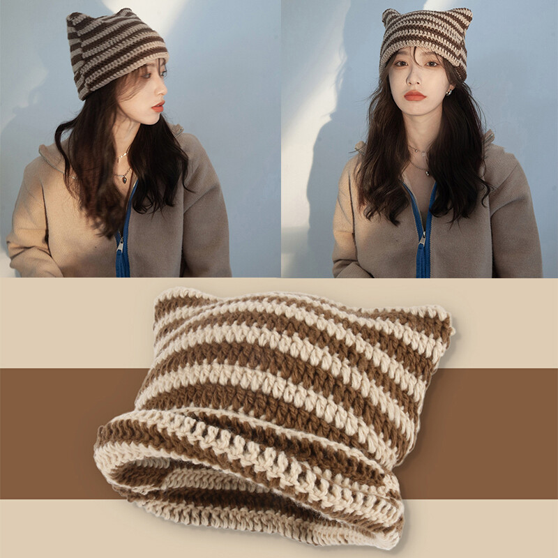 Cute Devil Horn & Cat Ear Beanie Hat For Women - Striped Knit Winter Warm Cap - One Size Fits Most (56-58cm)