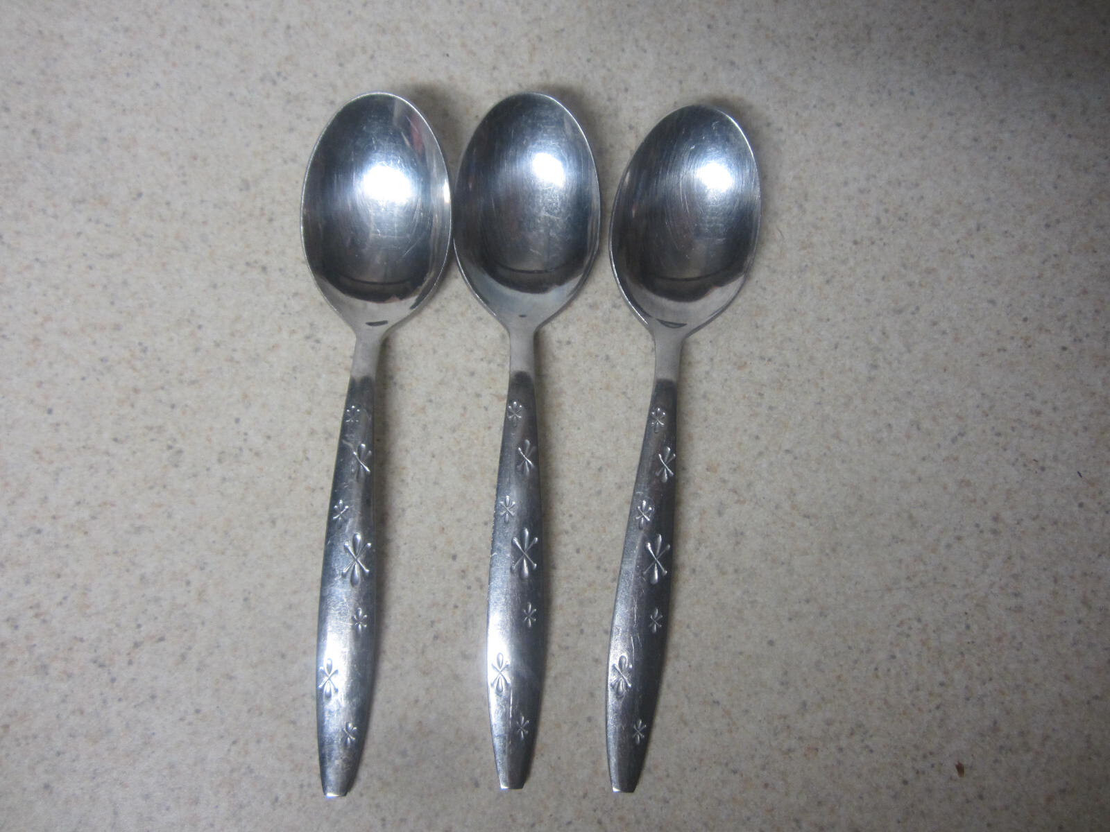 LOT OF 3 EVERBRITE ATOMIC STARBURST STAINLESS FLATWARE EVS21 SOUP SPOON