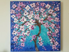QUADRO MODERNO DIPINTO A MANO ALBERO DELLA VITA FIORI BIANCHI 60x60x4 RIF223