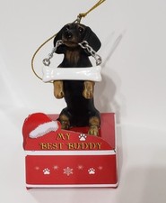 Black  Tan DACHSHUND Statue w/ Bone on Box Base Christmas Ornament by E S Pets
