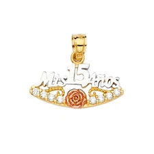 14K Tri Color Gold Miss 15 Anos 15 Years Quinceanera CZ Charm Pendant For Chain