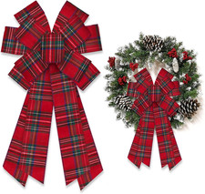 Large Burlap Red Green Plaid Bow for Wreath, Christmas Tree Topper, Front Door