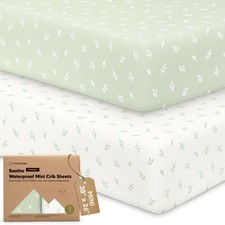 2 Pack and Play Sheets, Waterproof Mini Crib Sheets Fitted - 38" x 26", Herb