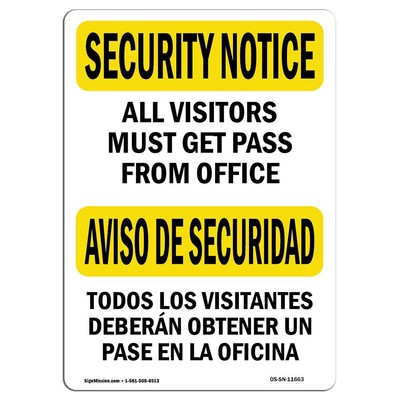 OSHA Notice Sign - Visitors Must Get Pass Bilingual | Aluminum Sign | Protect...