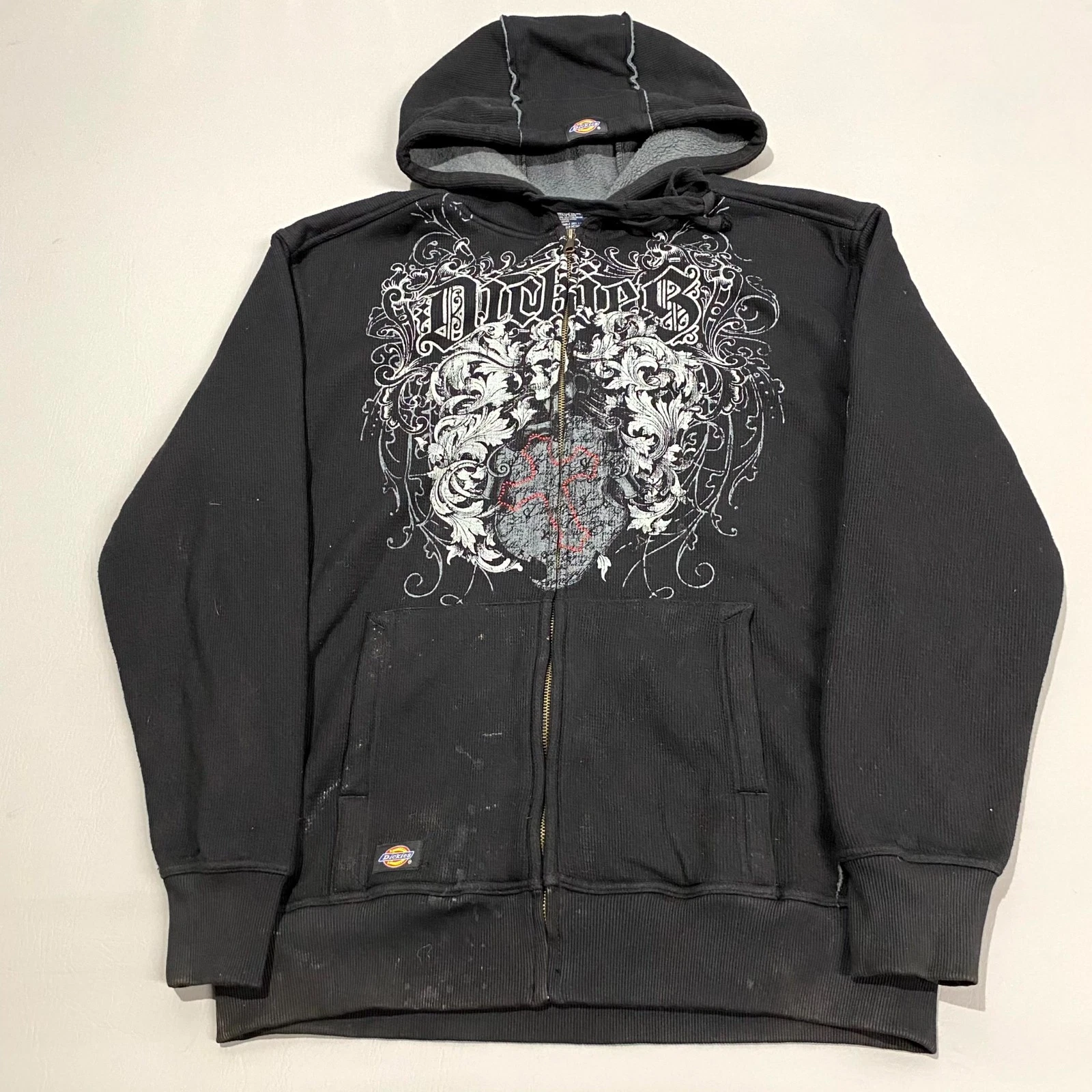 Y2K Dickies Skull Thermal Fur Zipup Hoodie large