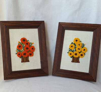2 Vtg Framed Crewel Embroidered Floral Pictures Yellow & Orange Flowers 5 X 7
