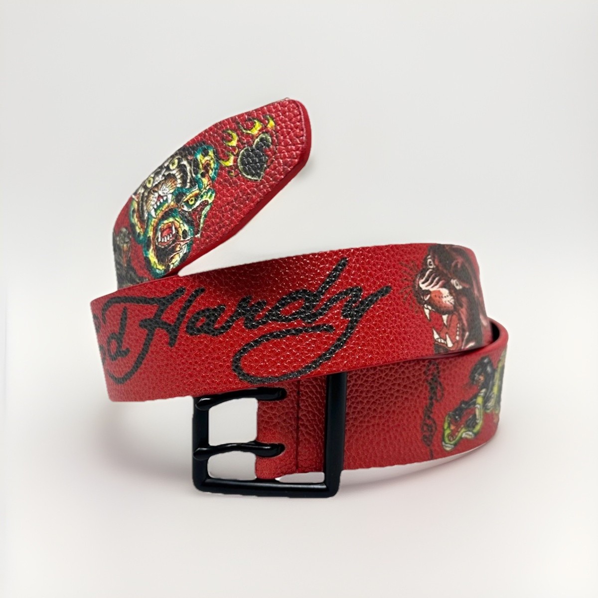 【 Ed Hardy  レザーベルト 】 Ed Hardy Men's Panther Print Red Belt With Rivet Studs Size 38