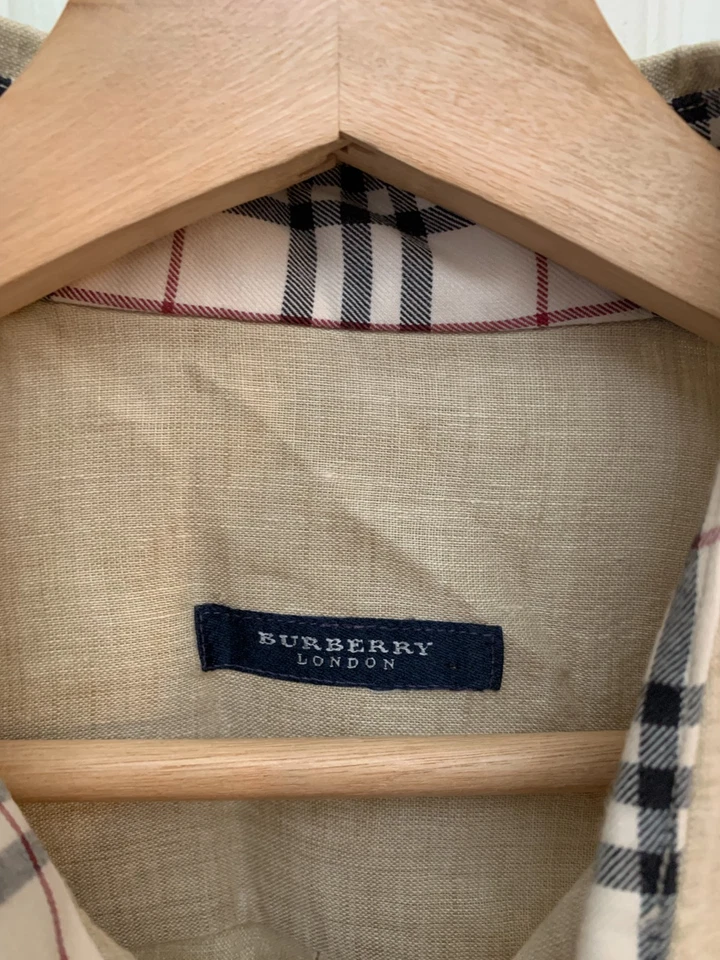 Camisa Burberry Para Hombre Lino Tostado Manga Larga Abotonada Talla L Foto 3 de 4