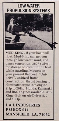 L & L Industries Mansfield LA Print Ad 1985 - Mud-King Low Water Propulsion