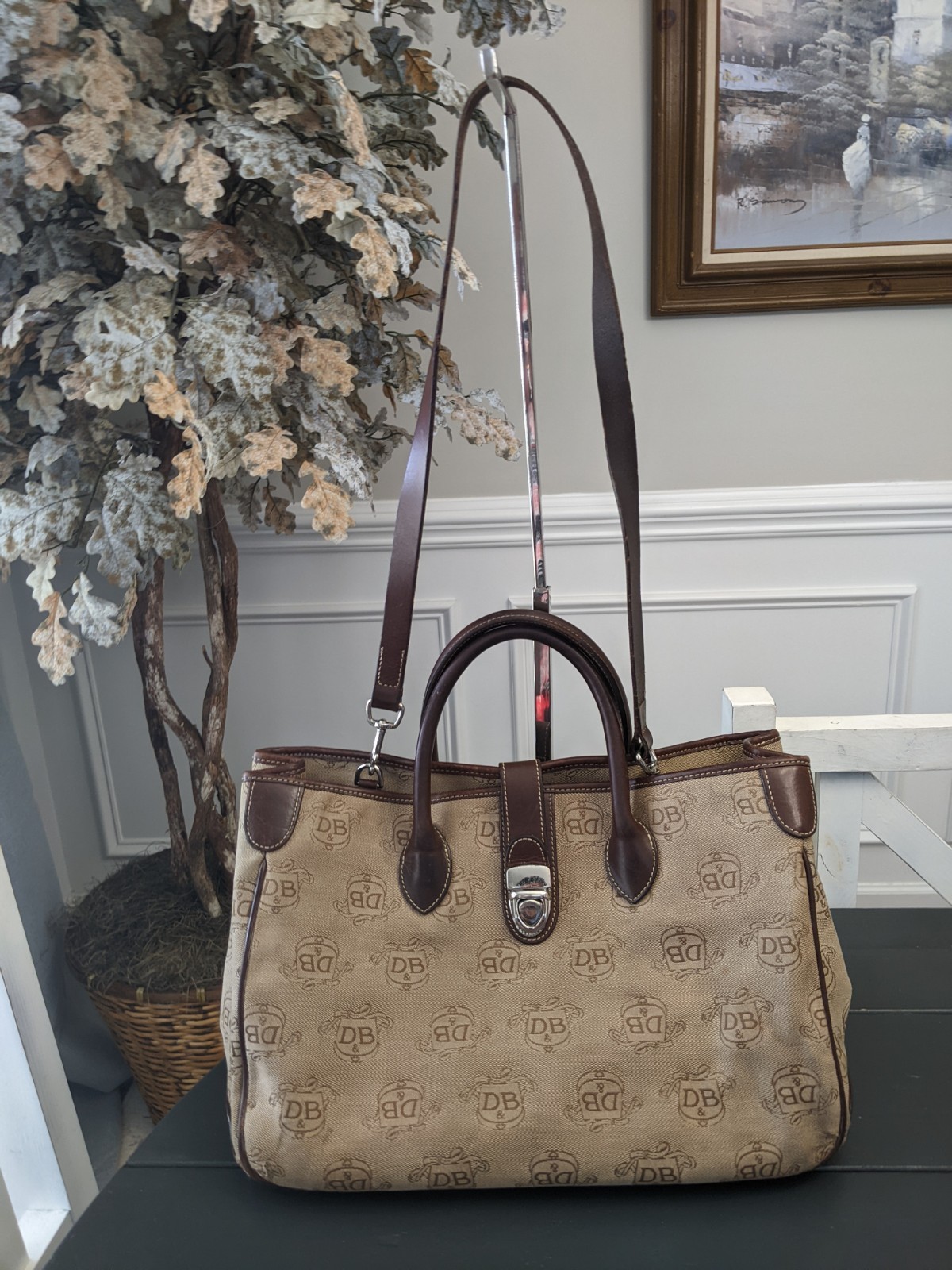Dooney & Bourke Donegal Crest Satchel Tote Tan Brown Fabric Cross Body