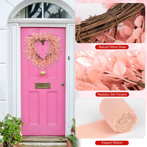 Valentines Day Heart Wreath 22 Inch Pink Artificial Floral Ribbon Door Hanging - Picture 3 of 7