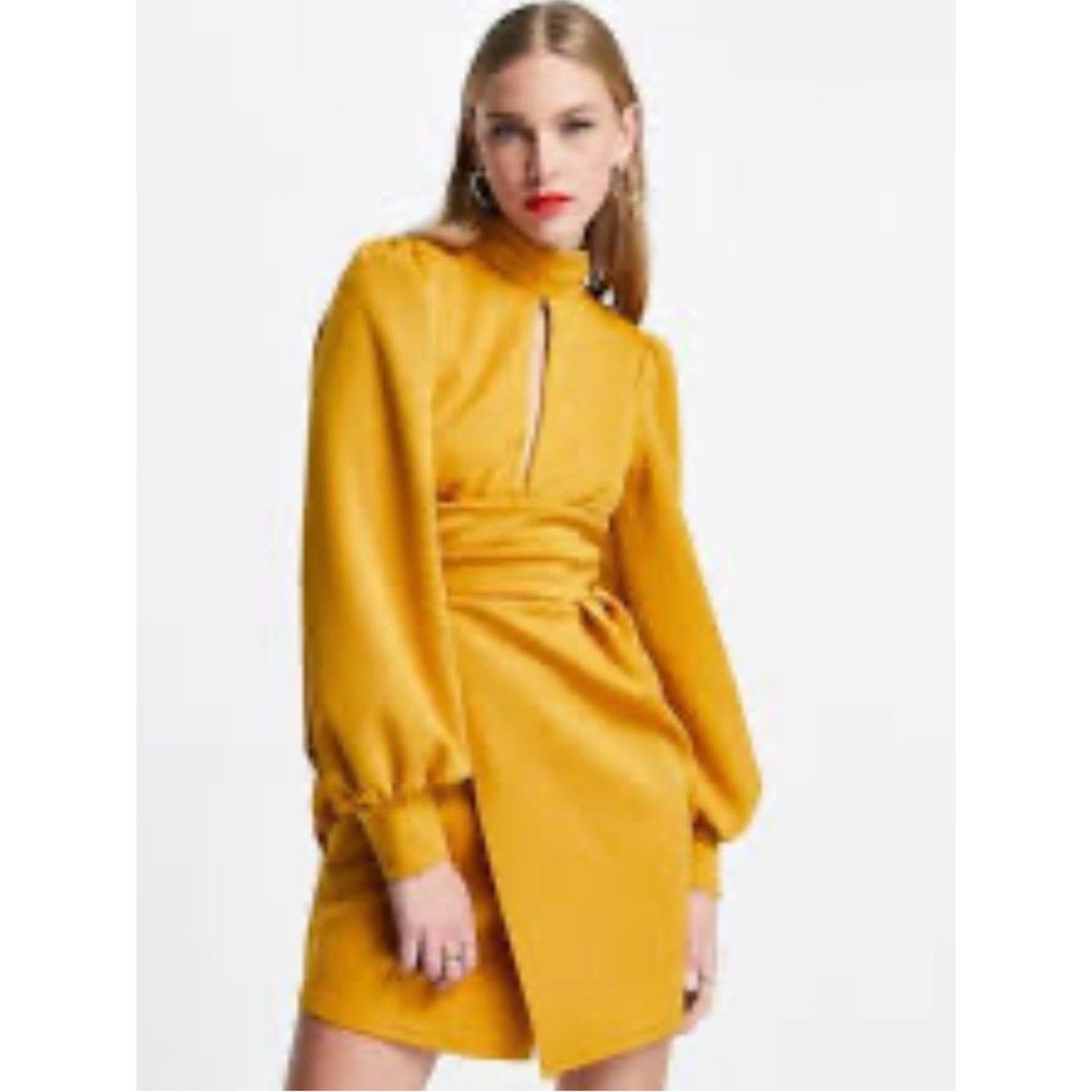 ASOS 70s Yellow High-Neck Long-Sleeve Mini Dress small 4