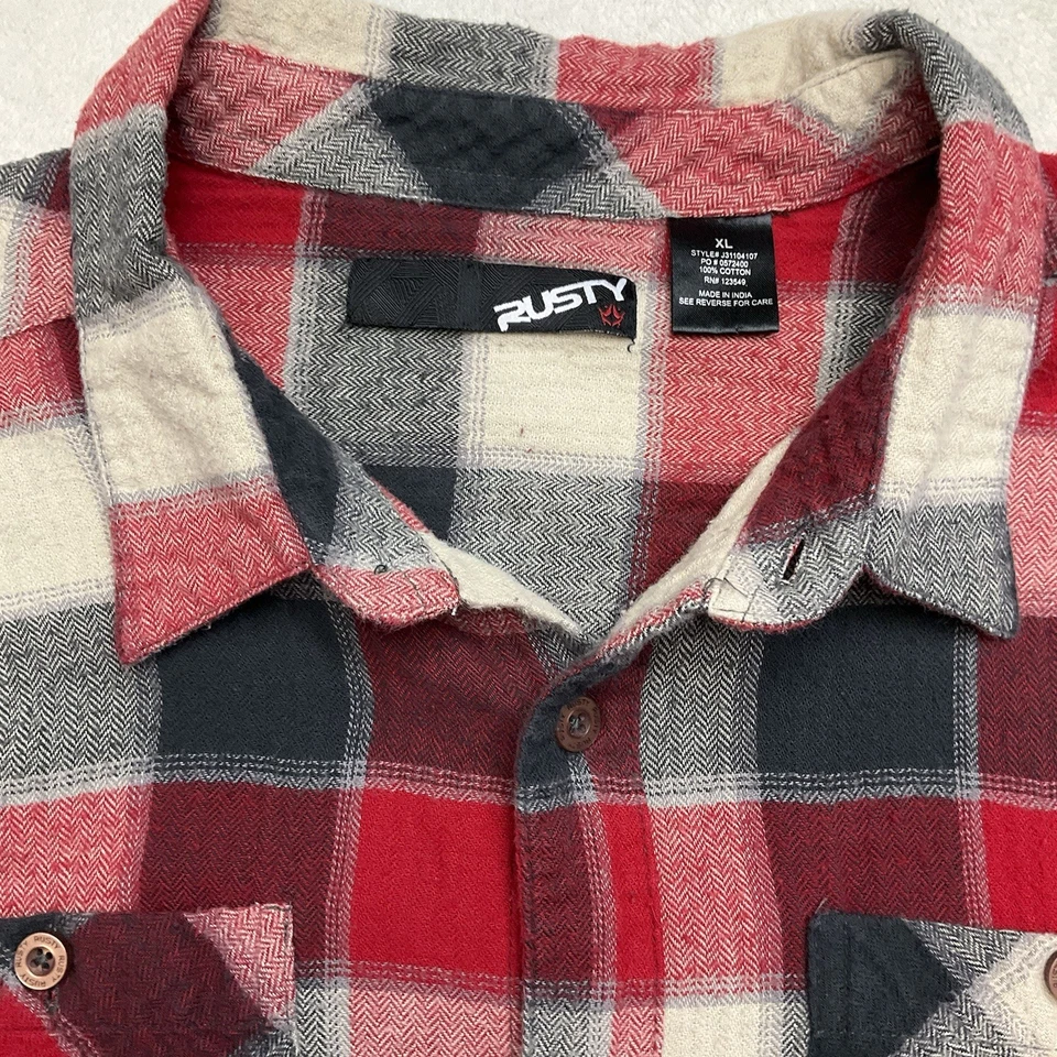 RUSTY Men’s Red Gray Cream Plaid Flannel Long Sleeve Button Down Shirt Size XL - Image 4 of 4