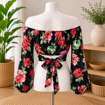 NWT Cupshe Floral Crop Top Womens Large Black Red Rose Off Shoulder Tie Front