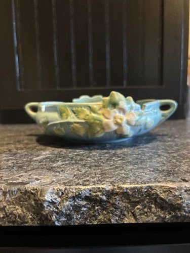 Roseville #389-6 Blue Handled Dish White Rose