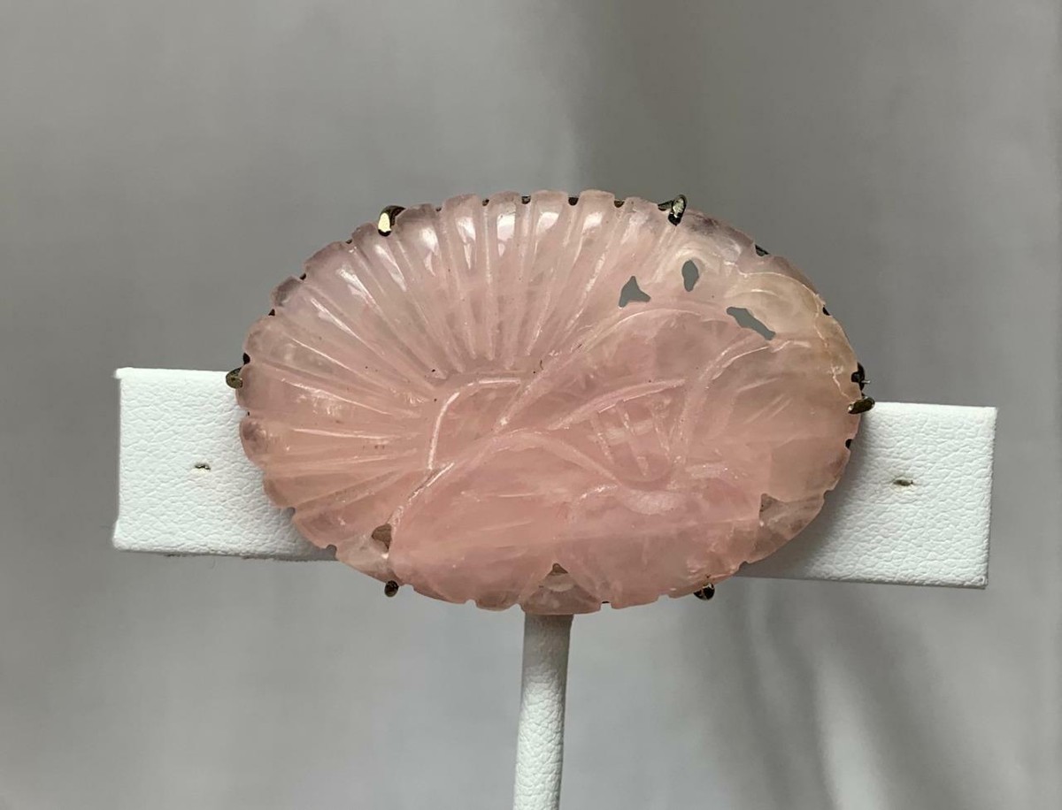 Broche Ancienne Art Déco En Argent Avec Quartz Rose – Motif Fleur De Lotus Chinois