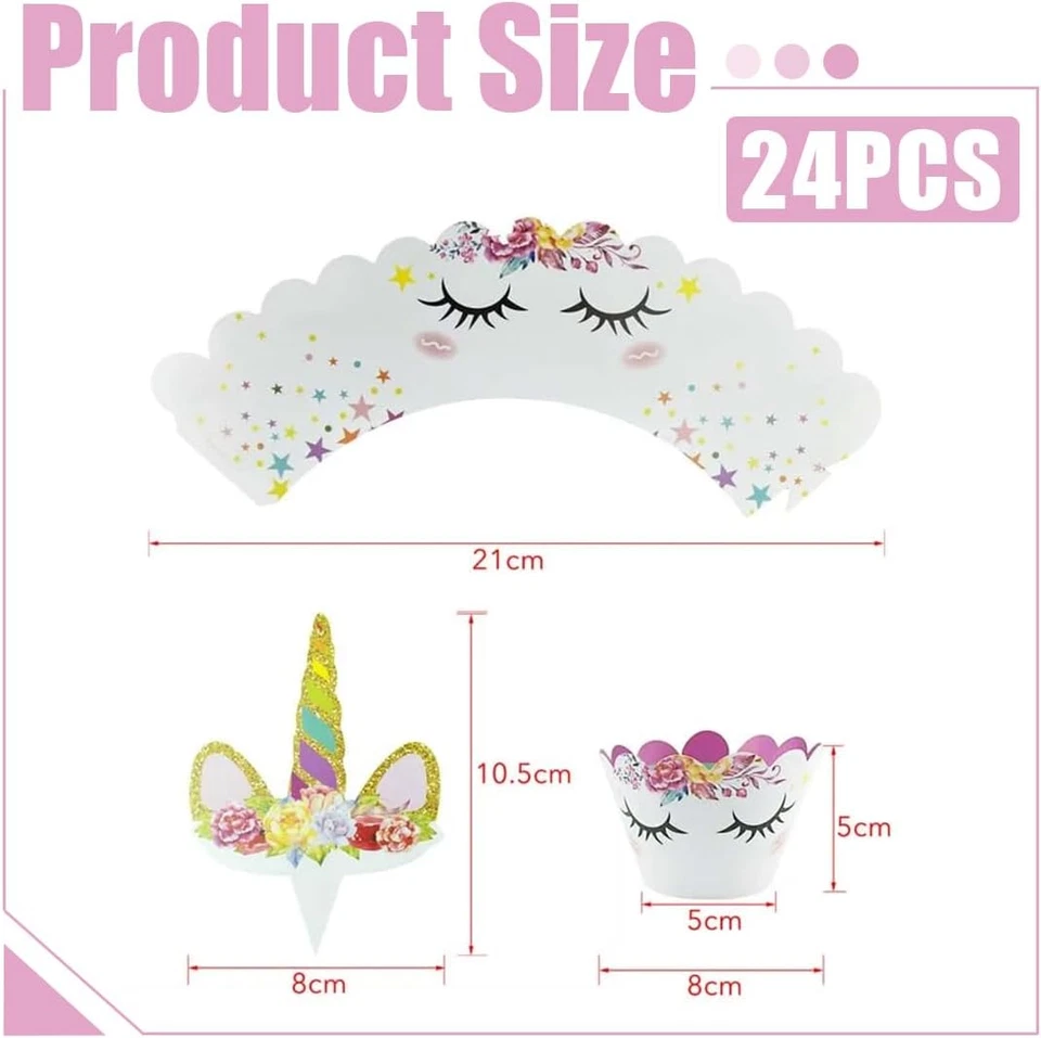 Einhorn Cupcake Wrappers 24 Set,Einhorn Muffin Deko,Einhorn Cupcake Toppers,Gebu - Bild 2 von 4