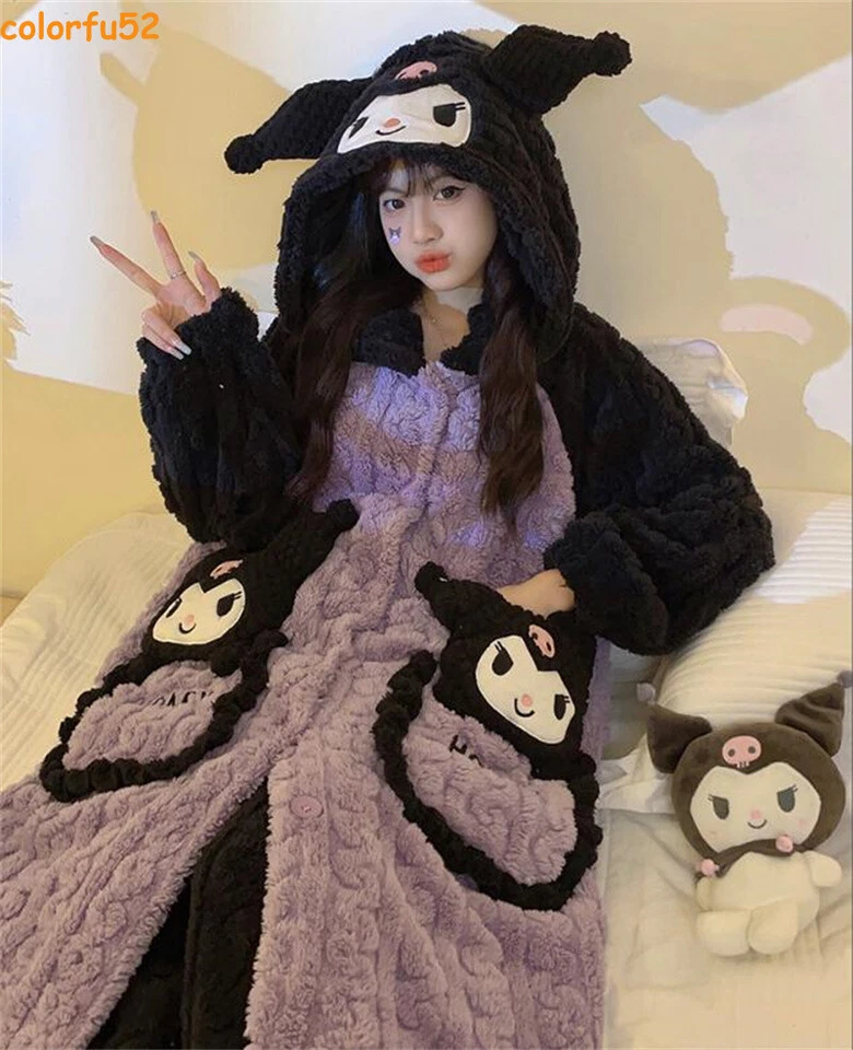 Kawaii Kuromi Coral Fleece Sleeping Robe Pants Women Winter Pajamas Home Wear - Image 3 of 4