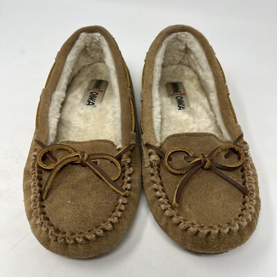Minnetonka Brown Suede Faux Fur Moccasins Slippers rubber sole