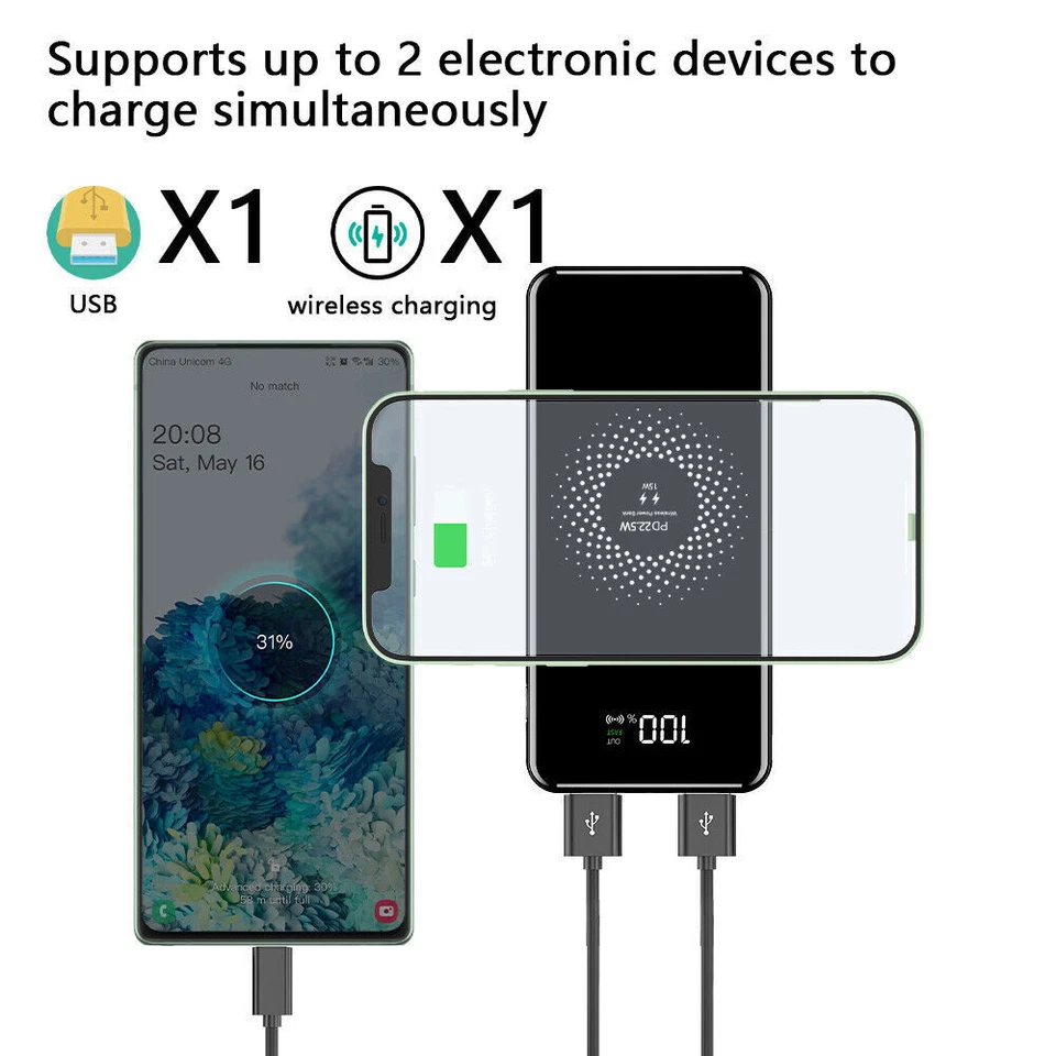 20000mAh Wireless Power Bank Backup Fast Portable Charger External Battery 2USB - Image 3 of 4