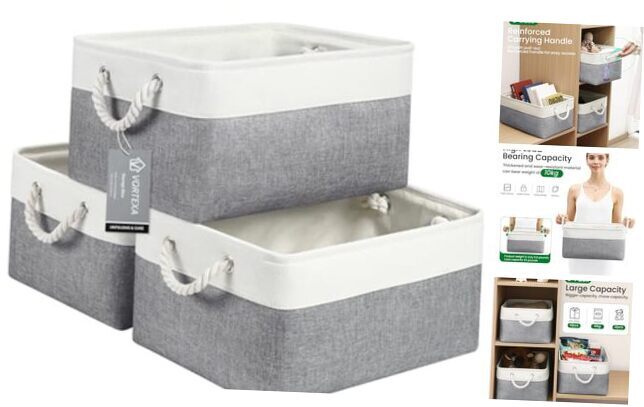 Storage Baskets, 3-Pack 15.7x11.8x8.2 inch Fabric 15.7X11.8X8.26 White&Grey