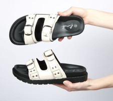 WOMENS CREAM FLAT CHUNKY SANDALS LADIES FLATFORM SLIP ON SLIDERS SLIPPERS SIZES