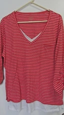 Women's Size 2X Red Striped Pullover 3/4 Sleeve V-neck Shirt Top By Northcrest