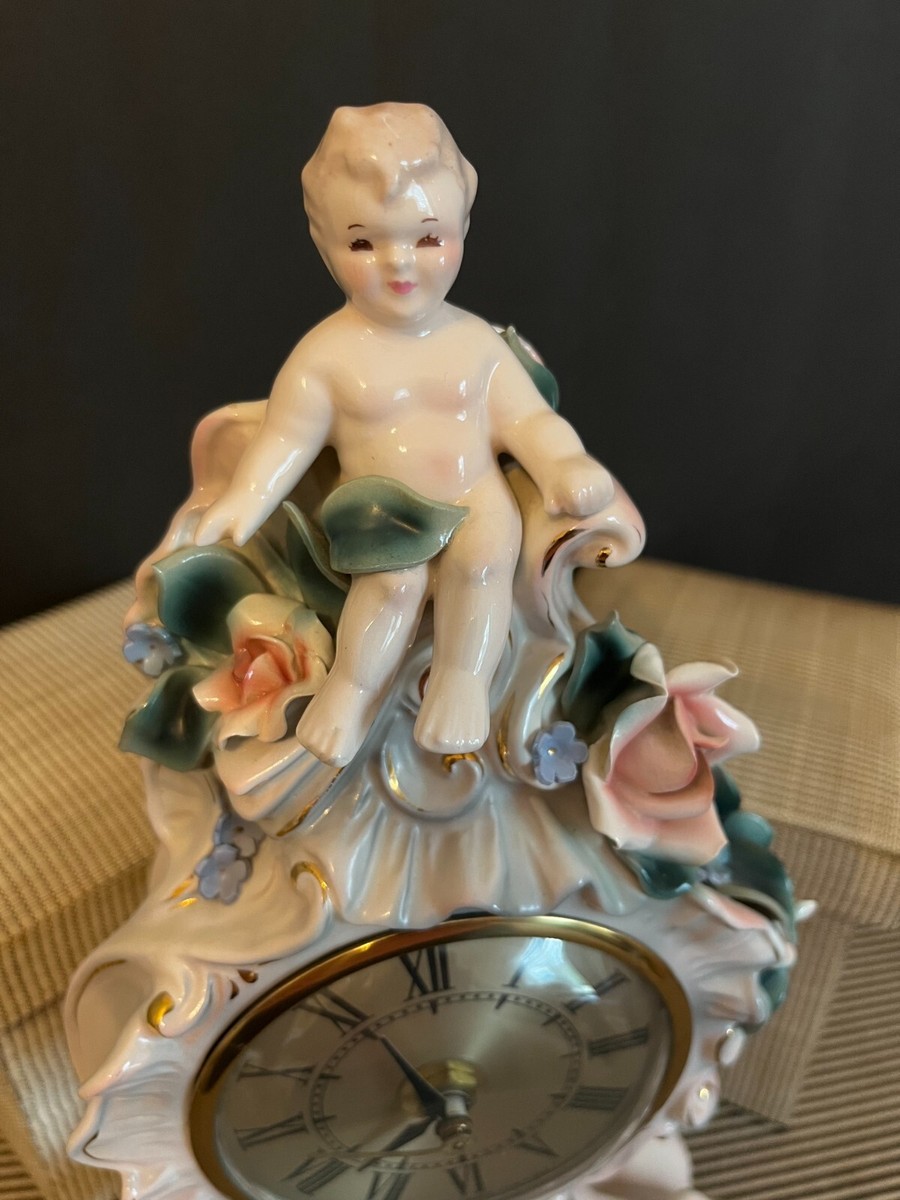 Florence Porcelain French Capodimote Cherub/Roses Electric Clock