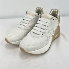 Alexander McQueen 560128 White Gold Leather Lace Up Shoes Sneakers Women Sz 36.5