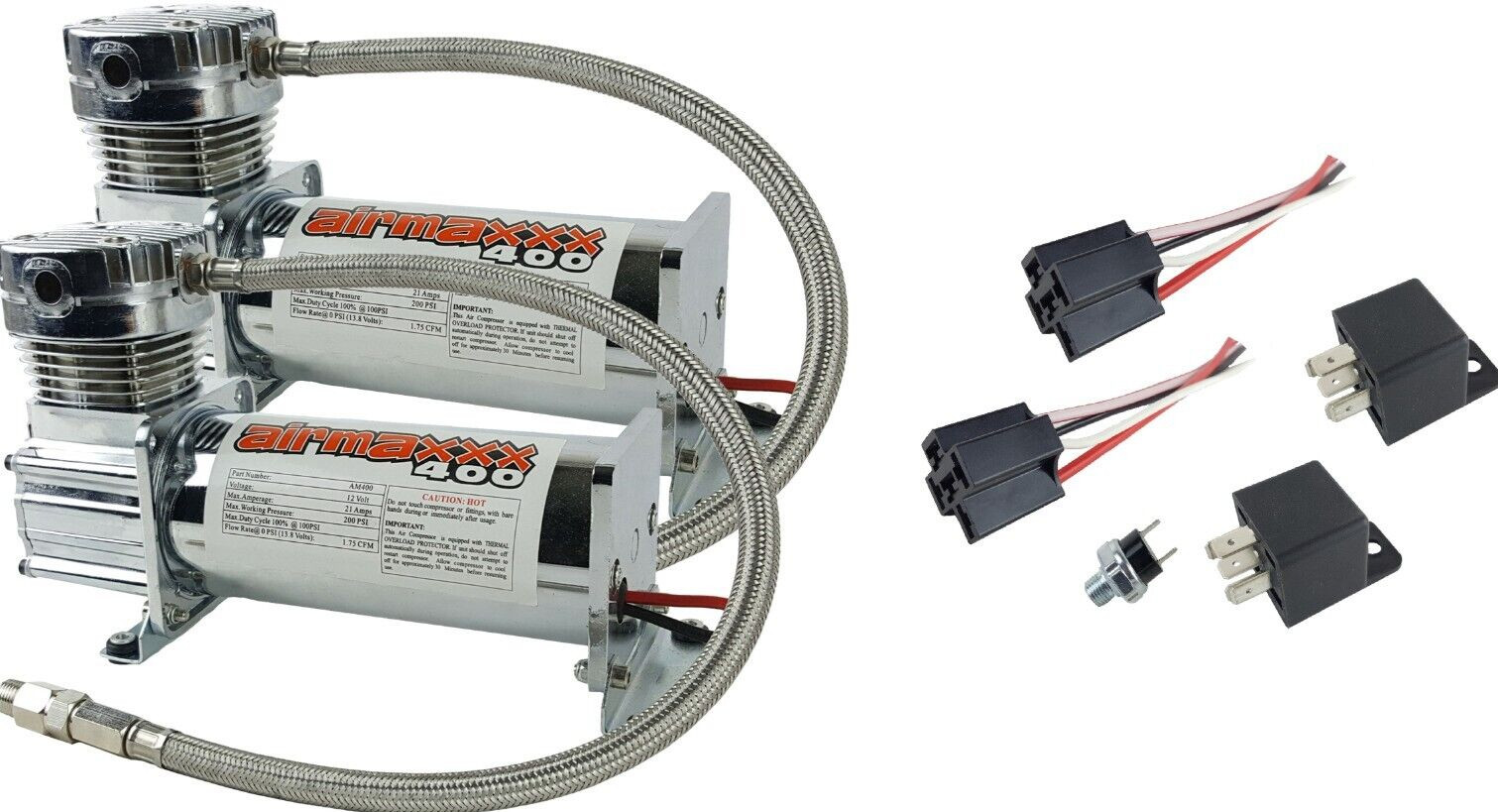 airmaxxx Dual 400 Chrome Compressors w/5 Gallon Steel Tank 200 PSI Kit
