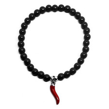 Bracciale con Corno Rosso Acciaio Perle Nero cornetto Portafortuna da Uomo Donna