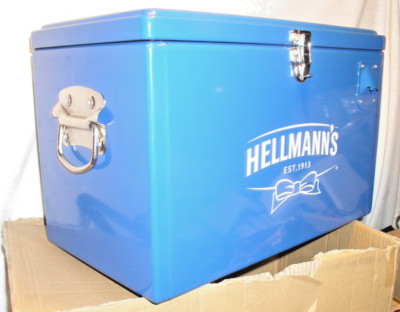 NEW BLUE HELLMANN'S MAYONNAISE PROMO METAL COOLER ICE BOX CHEST W/BOTTLE OPENER
