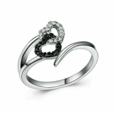 Round Black White Diamond Heart Engagement Ring 14k White Gold Plated Simulated