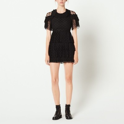 Sandro Pleated Lace Frill Dress Black Ruffle Mini Wedding Guest Goth Sz 36/US 4