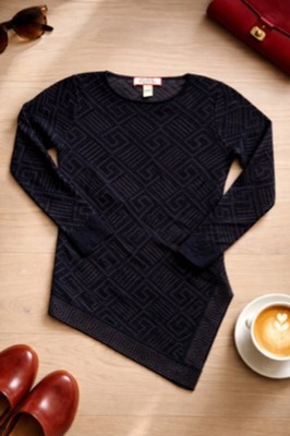 Asymmetric Black Geometric Tribal Print Luxury Baby Alpaca Women's Small Sweater