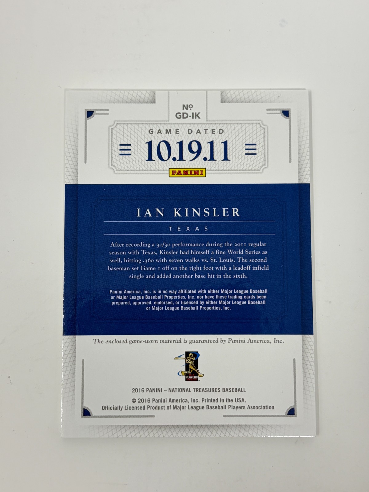 2016 Panini National Treasures Ian Kinsler Game Dated 1/1 Patch Majestic view 2