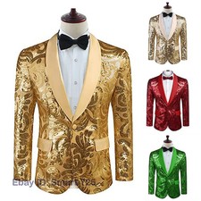 Men Floral Sequin Shawl Lapel Jacket Suit Blazer Coat Party Showman Costume