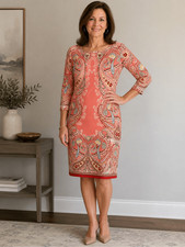 London Times Retro Paisley Pink Knee Length Dress 3/4 Sleeve Size 6 #785