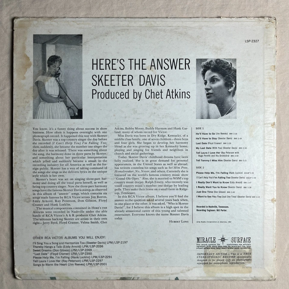 SKEETER DAVIS Here's The Answer 1961 Vinyl LP RCA LSP-2327 - G+ - Image 2 of 4