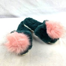 Never Worn Fuzzy Green Slippers with Pink Pom Poms Size S/M 6-8