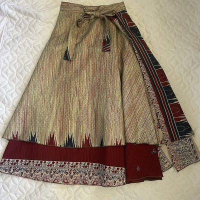 #ad #ad I ❤️ IT Silk Bohemian Wrap Skirt Red Beige Navy Tie Layered Reversible $12.00