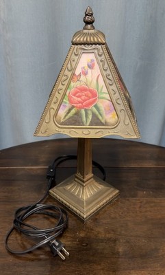 Vintage four sided pyramid shaped lamp with floral & butterfly motifs