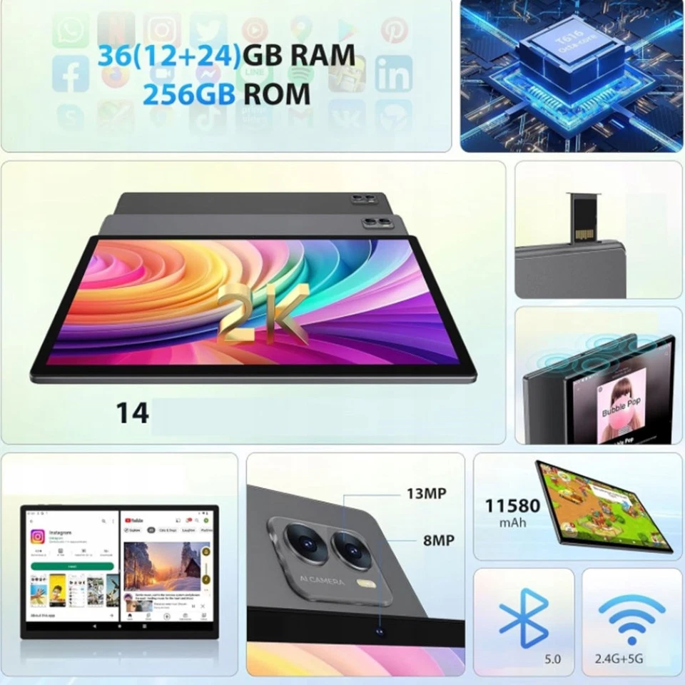 Tablet FASTWD L361 14 Zoll Android 14 5G WiFi ohne SIM Face ID 256GB 10580mAh - Bild 3 von 4