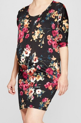 WOMENS SIZE S LILAC EXPECTED MATERNITY BLACK FLORAL STRETCH FABRIC BATWING DRESS