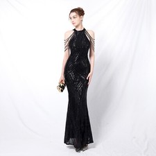 Elegant Womens Banquet Long Neck Hanging Sequined Fish Tail Evening Gown Dress 