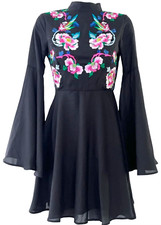 ASOS BLACK FLORAL BIRD EMBROIDERED BELL SLEEVE OPEN BACK SKATER DRESS US 0 UK 4